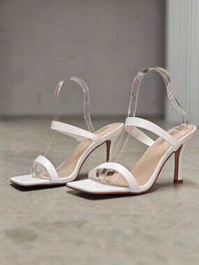 Square Toe White Strappy High Heel Sandals With Double Strap Design For Women